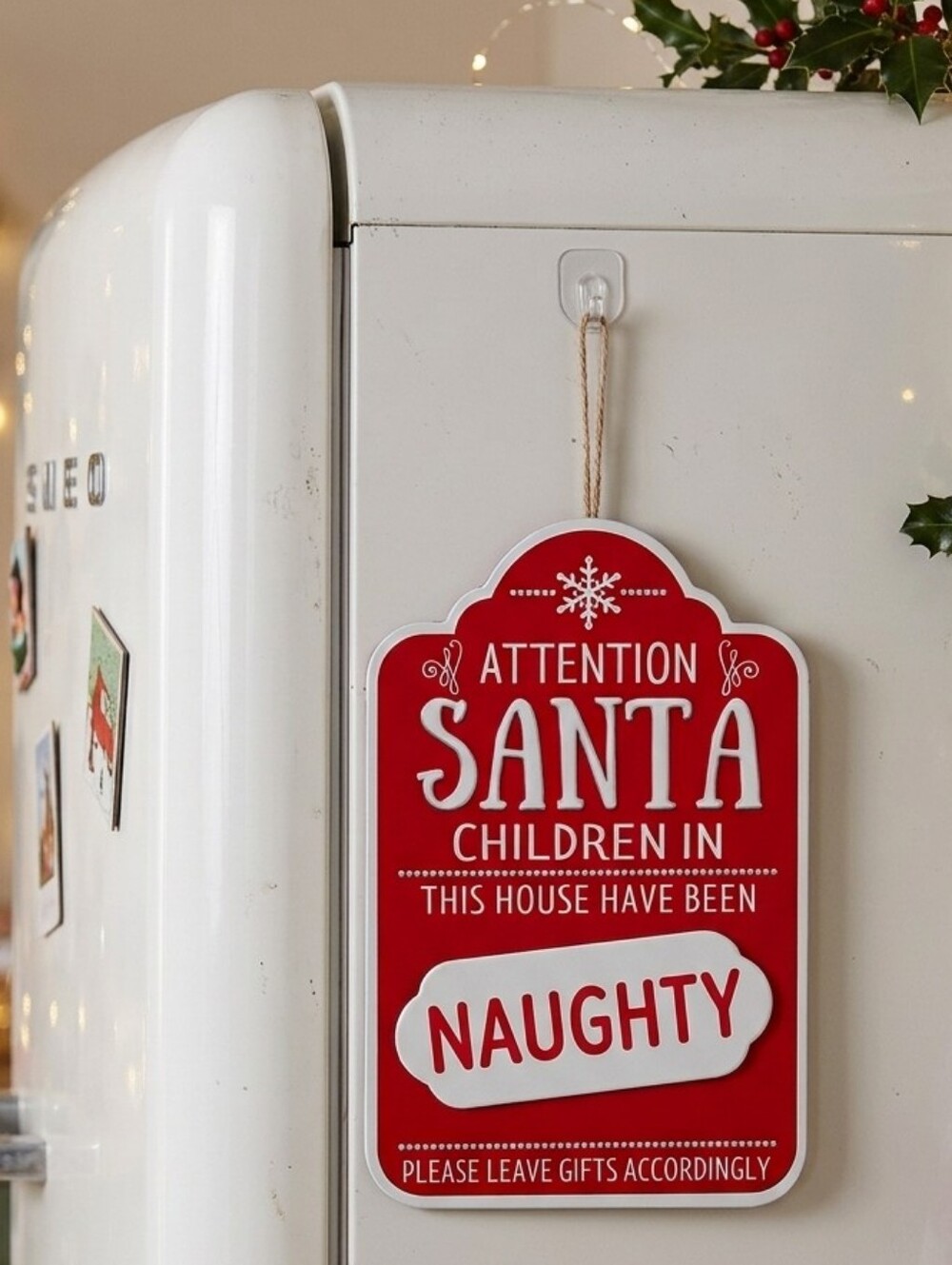 Attention Santa Holiday Hanging Sign - Naughty OR Nice Red 6" x 9"